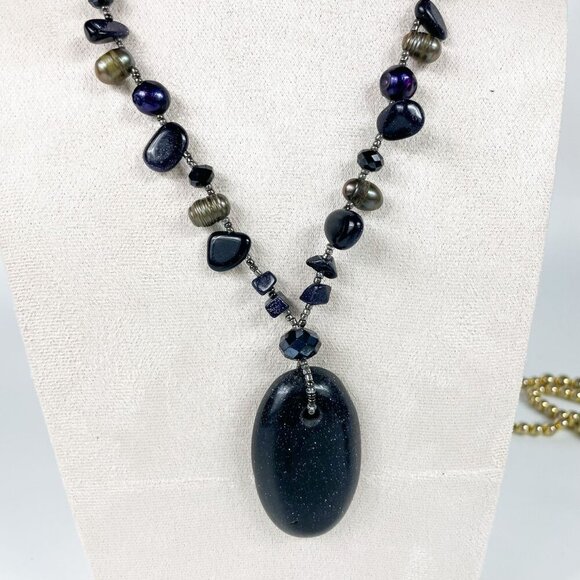 Blue Goldstone Pendant Necklace Pearls Gemstone Chunks Beads Artisan - Picture 1 of 5